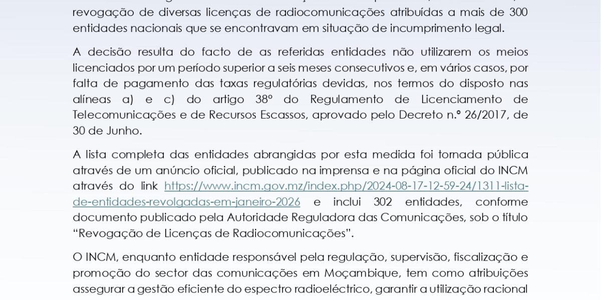 COMUNICADO LICENÇAS REVOGADAS JANEIRO